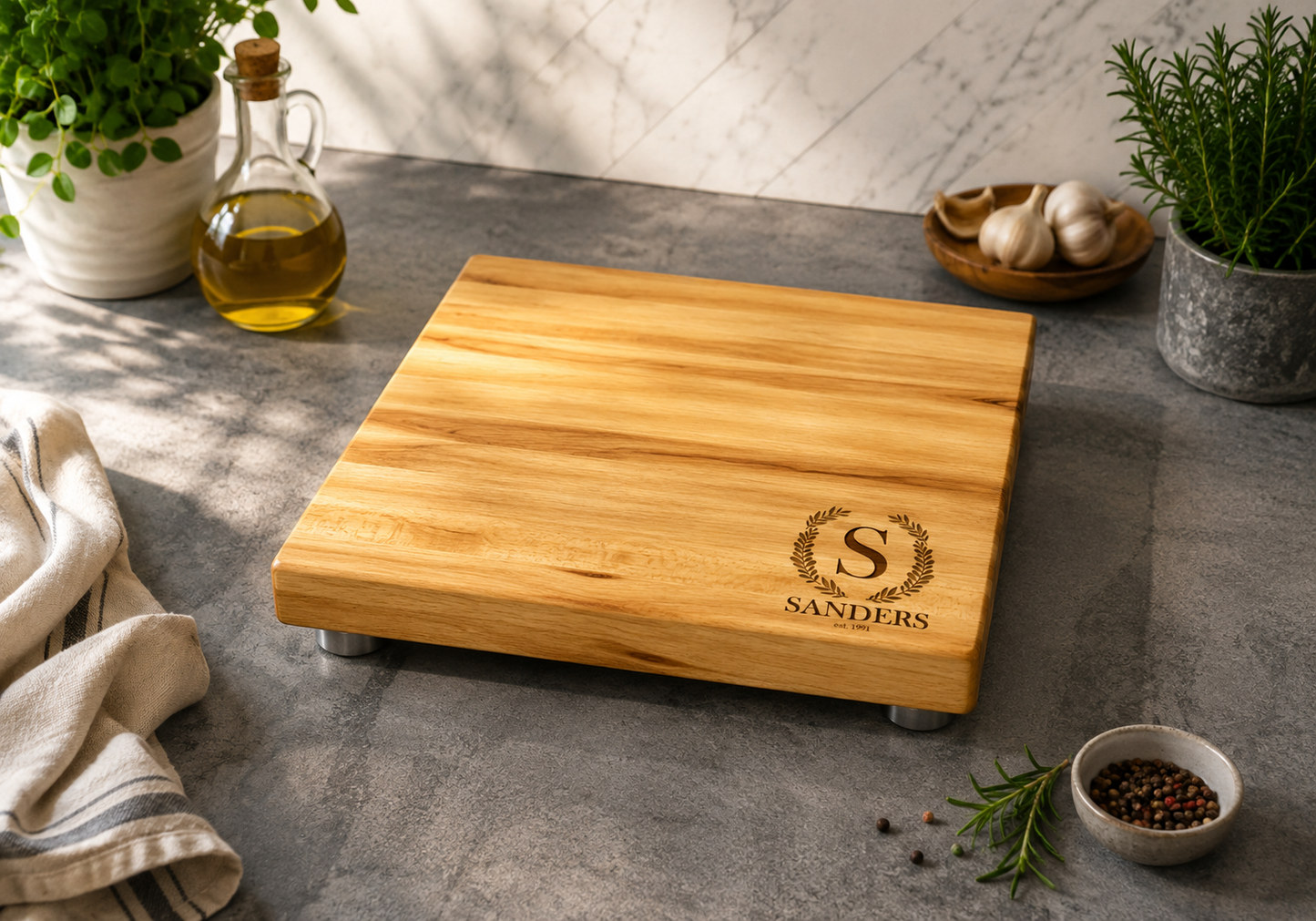 Personalized Maple Butcher Block Cutting Board with Stainless Steel Feet - Choose Your Design